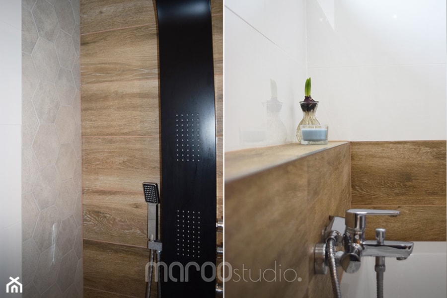 Biała łazienka przełamana szarością i drewnem. - Łazienka, styl nowoczesny - zdjęcie od Maroo Studio