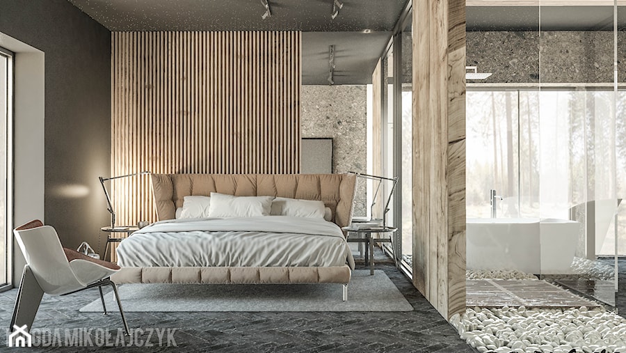 DOM LESZNO - Średnia czarna szara sypialnia, styl nowoczesny - zdjęcie od Magda Mikołajczyk PRACOWNIA PROJEKTOWANIA WNĘTRZ