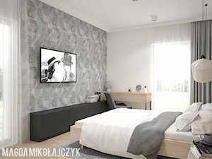 NOWOCZESNY DOMEK - Średnia biała z biurkiem sypialnia z balkonem / tarasem, styl nowoczesny - zdjęcie od Magda Mikołajczyk PRACOWNIA PROJEKTOWANIA WNĘTRZ