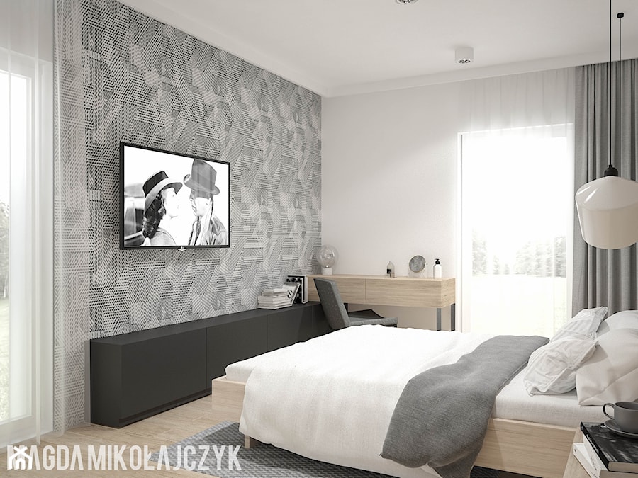 NOWOCZESNY DOMEK - Średnia biała z biurkiem sypialnia z balkonem / tarasem, styl nowoczesny - zdjęcie od Magda Mikołajczyk PRACOWNIA PROJEKTOWANIA WNĘTRZ