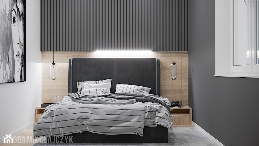 APARTAMENT KONIN_80MKW_01_2019 - Mała biała czarna sypialnia, styl nowoczesny - zdjęcie od Magda Mikołajczyk PRACOWNIA PROJEKTOWANIA WNĘTRZ