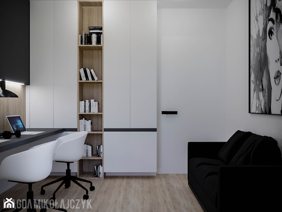 APARTAMENT KONIN_80MKW_01_2019 - Średnie w osobnym pomieszczeniu z sofą z zabudowanym biurkiem białe szare biuro, styl nowoczesny - zdjęcie od Magda Mikołajczyk PRACOWNIA PROJEKTOWANIA WNĘTRZ