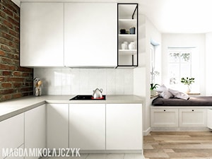Dom w Koninie - Średnia otwarta z kamiennym blatem biała brązowa kuchnia w kształcie litery l, styl nowoczesny - zdjęcie od Magda Mikołajczyk PRACOWNIA PROJEKTOWANIA WNĘTRZ