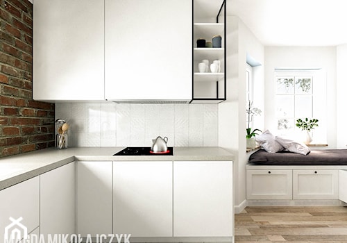 Dom w Koninie - Średnia otwarta z kamiennym blatem biała brązowa kuchnia w kształcie litery l, styl nowoczesny - zdjęcie od Magda Mikołajczyk PRACOWNIA PROJEKTOWANIA WNĘTRZ