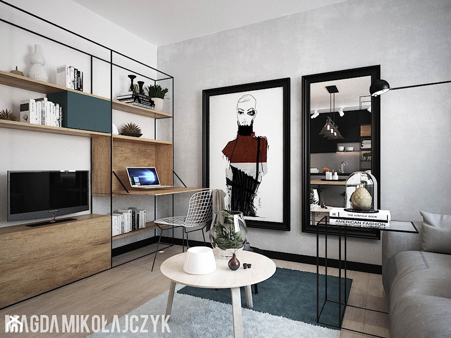 Mały biały szary salon, styl industrialny - zdjęcie od Magda Mikołajczyk PRACOWNIA PROJEKTOWANIA WNĘTRZ