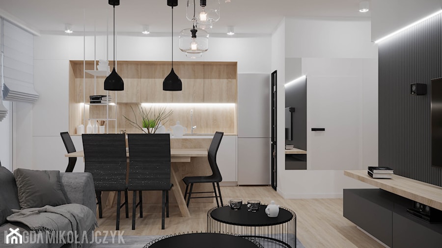 APARTAMENT KONIN_80MKW_01_2019 - Średnia otwarta z salonem biała czarna z zabudowaną lodówką z nablatowym zlewozmywakiem kuchnia jednorzędowa z oknem, styl nowoczesny - zdjęcie od Magda Mikołajczyk PRACOWNIA PROJEKTOWANIA WNĘTRZ