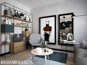 Mały biały szary salon z kuchnią, styl industrialny - zdjęcie od Magda Mikołajczyk PRACOWNIA PROJEKTOWANIA WNĘTRZ