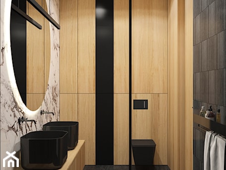 Aranżacje wnętrz - Łazienka: Ciemna łazienka z drewnem - MACZ Architektura. Przeglądaj, dodawaj i zapisuj najlepsze zdjęcia, pomysły i inspiracje designerskie. W bazie mamy już prawie milion fotografii!
