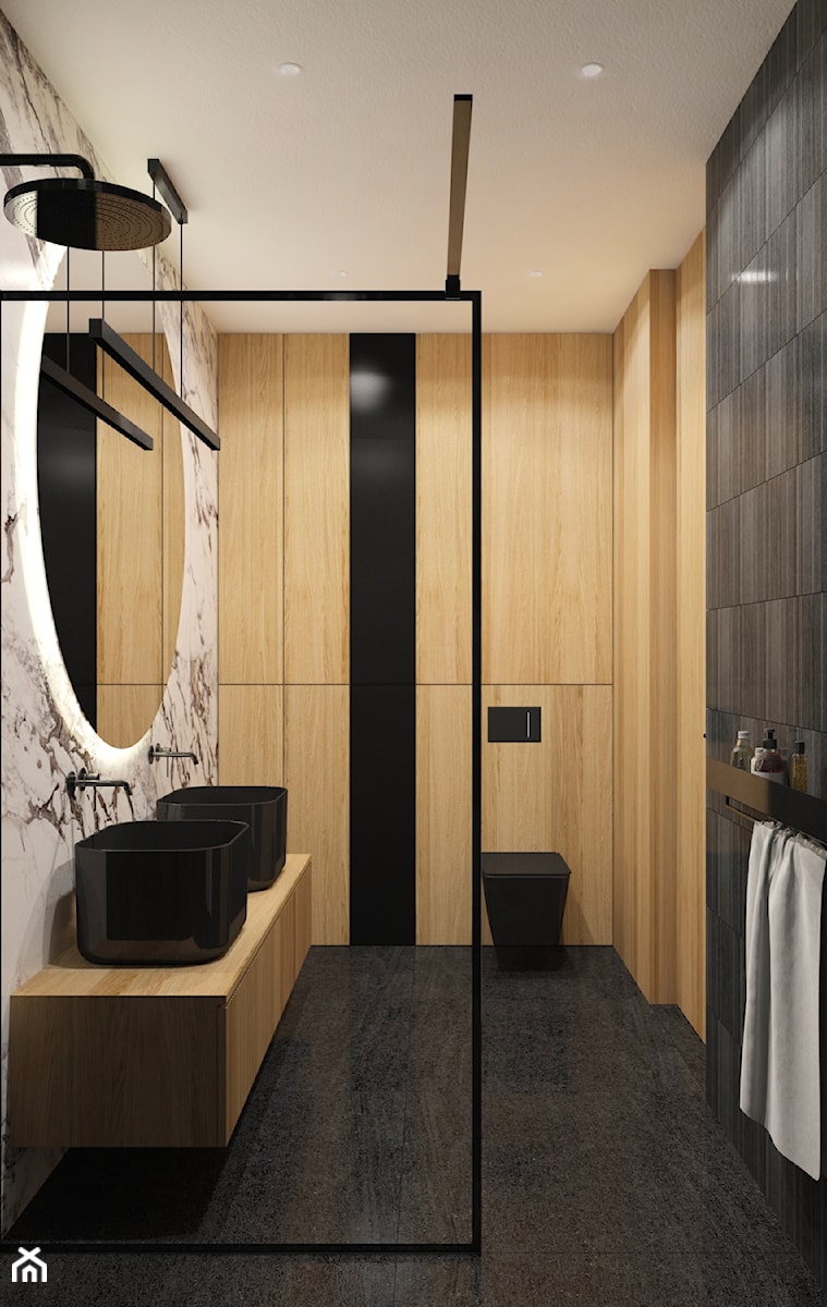 Ciemna łazienka z drewnem - zdjęcie od MACZ Architektura