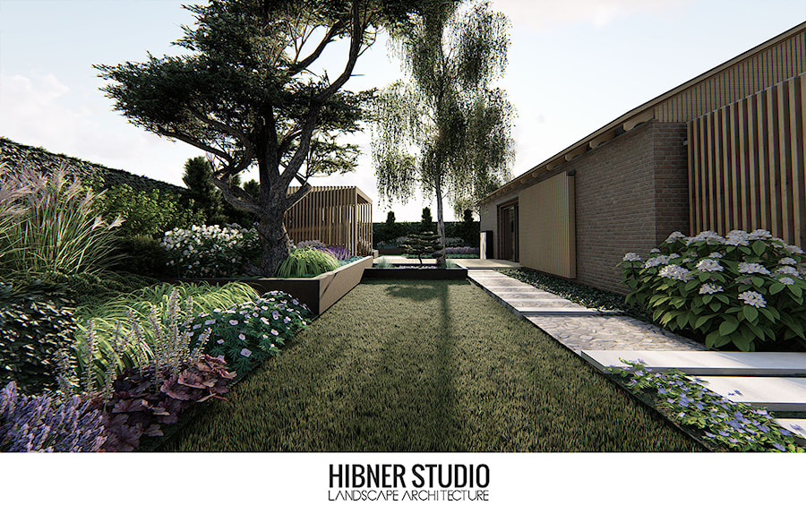 Projekt ogrodu przy nowoczesnej Stodole - Duży ogród za domem, styl nowoczesny - zdjęcie od Hibner Studio Pracownia Architektury Krajobrazu