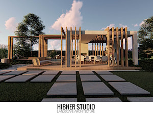 Ogród przy nowoczesnej rezydencji, Ciechocinek - Duży z podłogą z desek z meblami ogrodowymi z kominkiem taras, styl nowoczesny - zdjęcie od Hibner Studio Pracownia Architektury Krajobrazu