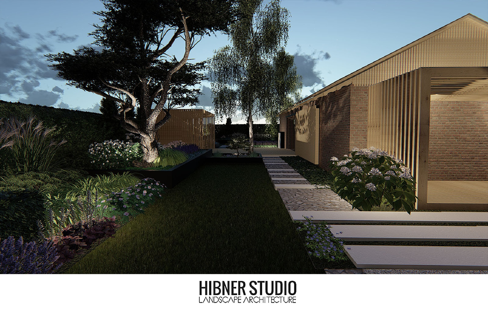 Projekt ogrodu przy nowoczesnej Stodole - Duży ogród za domem z pergolą, styl nowoczesny - zdjęcie od Hibner Studio Pracownia Architektury Krajobrazu - Homebook
