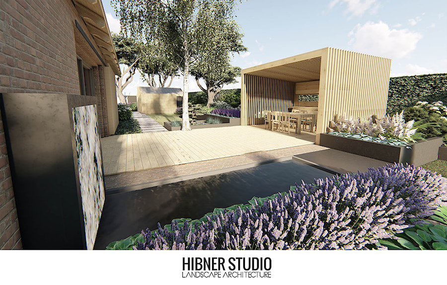 Projekt ogrodu przy nowoczesnej Stodole - Duży ogród za domem z altaną, styl nowoczesny - zdjęcie od Hibner Studio Pracownia Architektury Krajobrazu