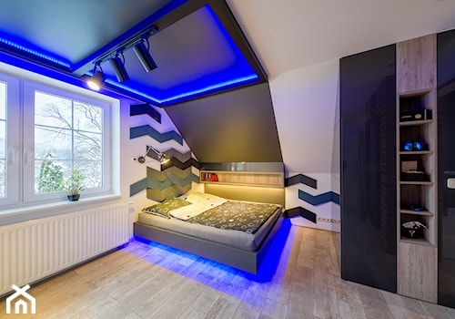 Zdjęcia dla dizustudio.pl - Średnia biała czarna sypialnia na poddaszu, styl nowoczesny - zdjęcie od Michał Rezik - Fotografia wnętrz