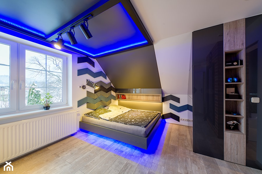 Zdjęcia dla dizustudio.pl - Średnia biała czarna sypialnia na poddaszu, styl nowoczesny - zdjęcie od Michał Rezik - Fotografia wnętrz
