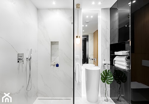 Mała na poddaszu bez okna z lustrem z marmurową podłogą łazienka, styl minimalistyczny - zdjęcie od Finchstudio Architektura Wnętrz