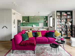 Paleta kolorów - Średni beżowy salon z kuchnią z jadalnią z bibiloteczką, styl nowoczesny - zdjęcie od Finchstudio Architektura Wnętrz