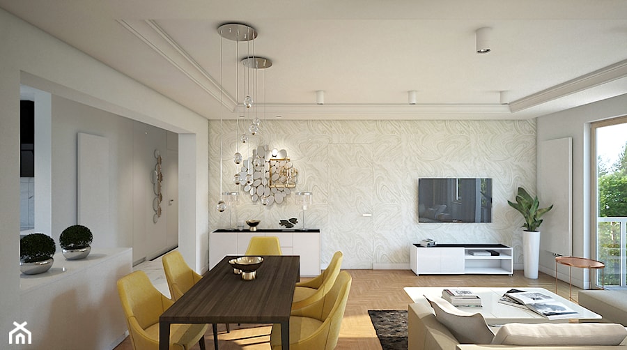 Średni beżowy biały salon z jadalnią, styl nowoczesny - zdjęcie od Finchstudio Architektura Wnętrz