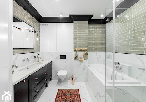 Paleta kolorów - Średnia bez okna z lustrem z marmurową podłogą z punktowym oświetleniem łazienka, styl nowoczesny - zdjęcie od Finchstudio Architektura Wnętrz