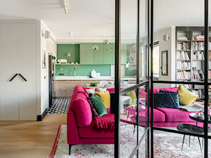Paleta kolorów - Duży biały zielony salon z kuchnią z jadalnią z bibiloteczką, styl nowoczesny - zdjęcie od Finchstudio Architektura Wnętrz