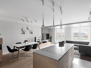 Minimalistyczny apartament w Krakowie 2016 - Średnia beżowa szara jadalnia w salonie w kuchni, styl minimalistyczny - zdjęcie od Finchstudio Architektura Wnętrz