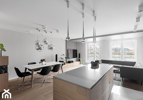 Minimalistyczny apartament w Krakowie 2016 - Średnia beżowa szara jadalnia w salonie w kuchni, styl minimalistyczny - zdjęcie od Finchstudio Architektura Wnętrz