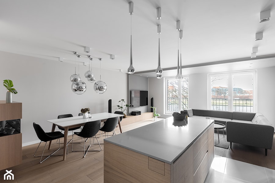 Minimalistyczny apartament w Krakowie 2016 - Średnia beżowa szara jadalnia w salonie w kuchni, styl minimalistyczny - zdjęcie od Finchstudio Architektura Wnętrz