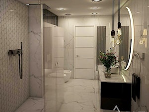 PROJEKT ŁAZIENKI- STYL NOWOCZESNY - Średnia bez okna z lustrem z marmurową podłogą z punktowym oświetleniem łazienka, styl nowoczesny - zdjęcie od Pracownia architektoniczna - LARYSZ