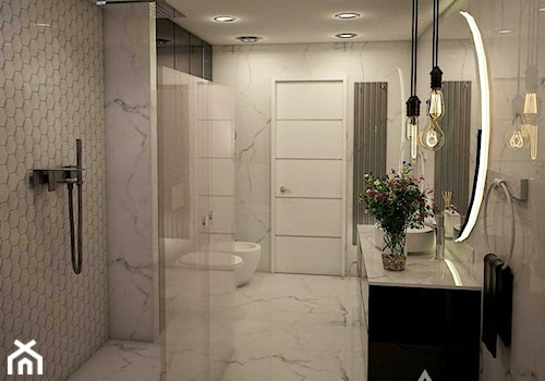 PROJEKT ŁAZIENKI- STYL NOWOCZESNY - Średnia bez okna z lustrem z marmurową podłogą z punktowym oświetleniem łazienka, styl nowoczesny - zdjęcie od Pracownia architektoniczna - LARYSZ