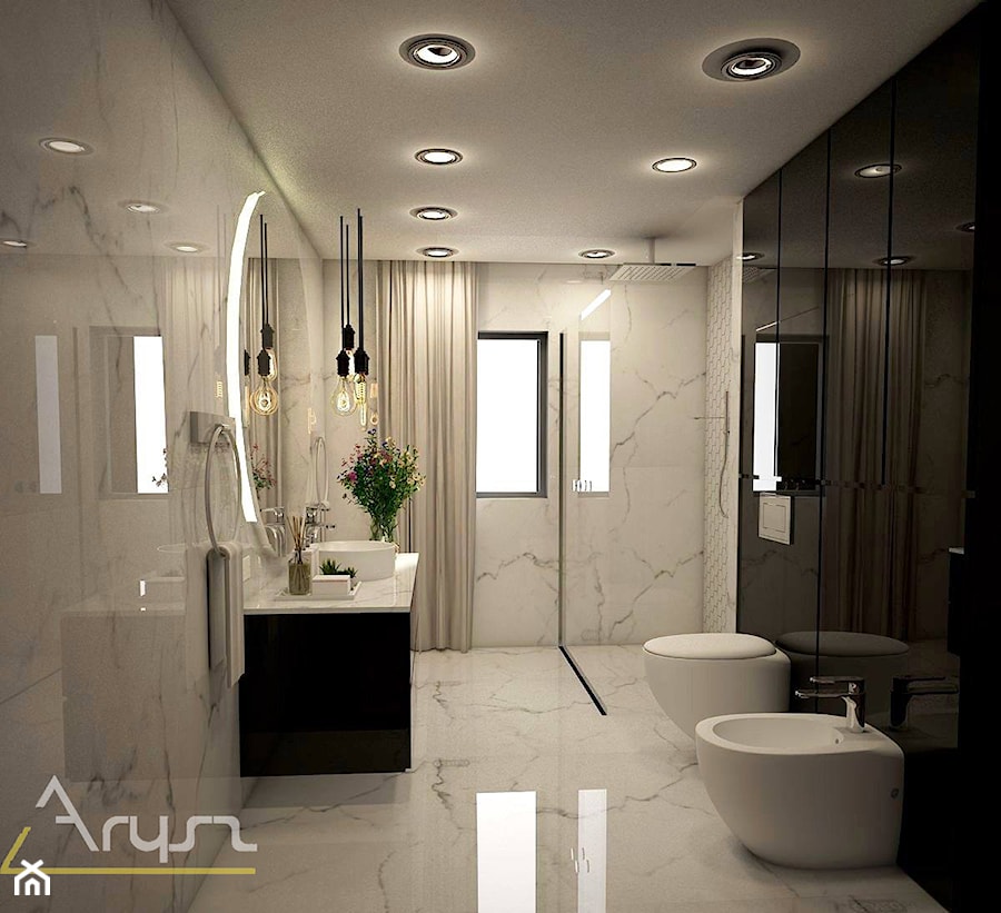PROJEKT ŁAZIENKI- STYL NOWOCZESNY - Średnia z lustrem z marmurową podłogą z punktowym oświetleniem łazienka z oknem, styl nowoczesny - zdjęcie od Pracownia architektoniczna - LARYSZ