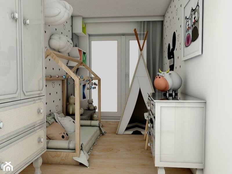 MIESZKANIE 80m2- STYL SKANDYNAWSKI - Mały szary pokój dziecka dla dziecka dla chłopca dla dziewczynki, styl skandynawski - zdjęcie od Pracownia architektoniczna - LARYSZ
