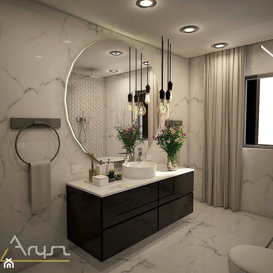 PROJEKT ŁAZIENKI- STYL NOWOCZESNY - Średnia z marmurową podłogą z punktowym oświetleniem łazienka z oknem, styl nowoczesny - zdjęcie od Pracownia architektoniczna - LARYSZ