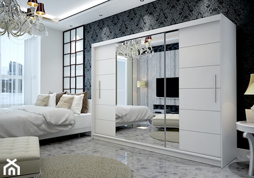 Szafy Glamour - Duża biała sypialnia z balkonem / tarasem, styl glamour - zdjęcie od paczkameblepl