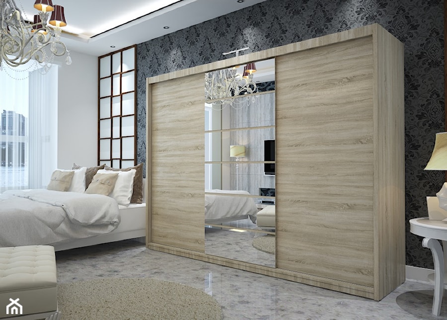 Szafy Glamour - Średnia biała czarna sypialnia, styl glamour - zdjęcie od paczkameblepl