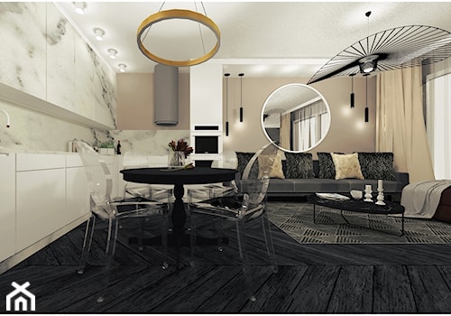 Hotelowa elegancja - Lawendowe wzgórze - Średni beżowy biały salon z kuchnią z jadalnią, styl nowoczesny - zdjęcie od By Castana Autorska pracownia projektowa