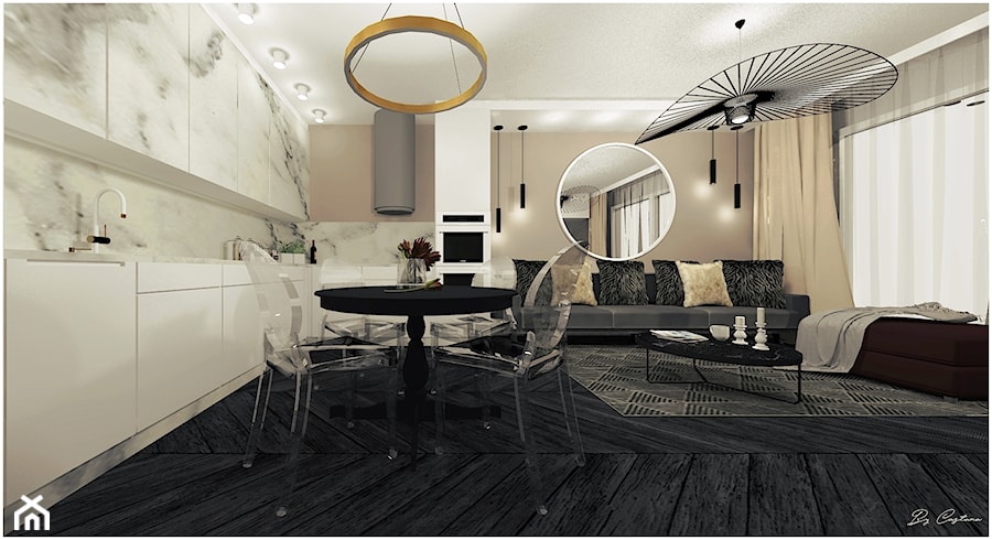 Hotelowa elegancja - Lawendowe wzgórze - Średni beżowy biały salon z kuchnią z jadalnią, styl nowoczesny - zdjęcie od By Castana Autorska pracownia projektowa