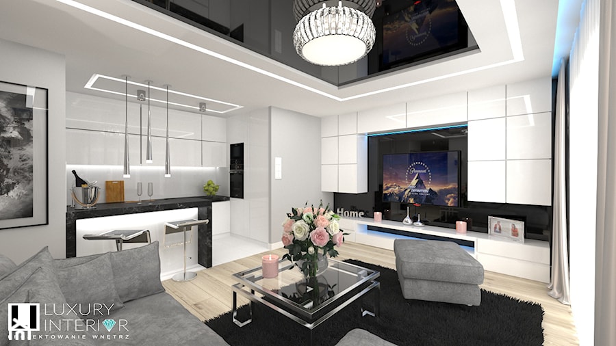 Salon z aneksem w mieszkaniu 70m2 - Średnia z salonem biała szara z zabudowaną lodówką kuchnia w kształcie litery l z wyspą lub półwyspem, styl nowoczesny - zdjęcie od LUXURY INTERIOR
