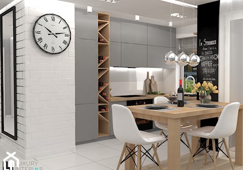 Mieszkanie 60 m2 Mińsk Mazowiecki - Średnia otwarta biała czarna z zabudowaną lodówką kuchnia w kształcie litery l, styl skandynawski - zdjęcie od LUXURY INTERIOR