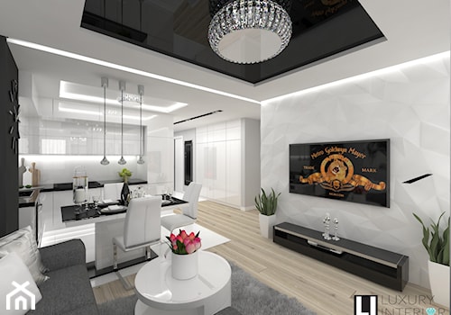 Mieszkanie 63 m2 - Średni biały szary salon z kuchnią z jadalnią, styl nowoczesny - zdjęcie od LUXURY INTERIOR