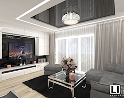 Salon z aneksem w mieszkaniu 70m2 - Duży szary salon z tarasem / balkonem, styl nowoczesny - zdjęcie od LUXURY INTERIOR - Homebook