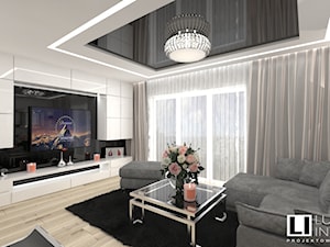 Salon z aneksem w mieszkaniu 70m2 - Duży szary salon z tarasem / balkonem, styl nowoczesny - zdjęcie od LUXURY INTERIOR