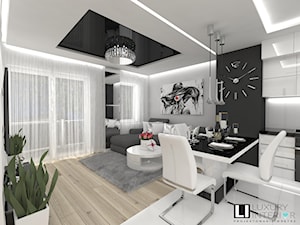 Mieszkanie 63 m2 - Średni biały czarny salon z kuchnią z jadalnią z tarasem / balkonem, styl nowo ... - zdjęcie od LUXURY INTERIOR