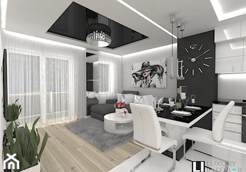 Mieszkanie 63 m2 - Średni biały czarny salon z kuchnią z jadalnią z tarasem / balkonem, styl nowoczesny - zdjęcie od LUXURY INTERIOR