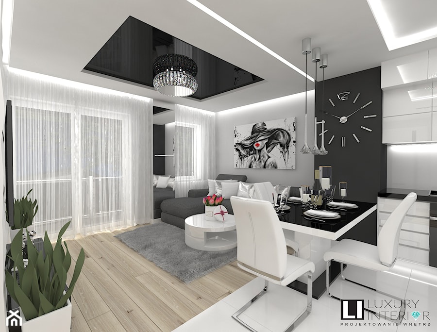 Mieszkanie 63 m2 - Średni biały czarny salon z kuchnią z jadalnią z tarasem / balkonem, styl nowoczesny - zdjęcie od LUXURY INTERIOR
