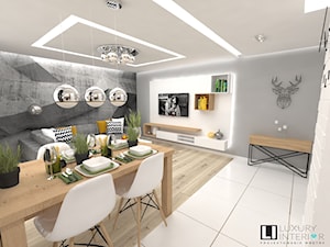 Mieszkanie 60 m2 Mińsk Mazowiecki - Mały biały szary salon z jadalnią, styl skandynawski - zdjęcie od LUXURY INTERIOR