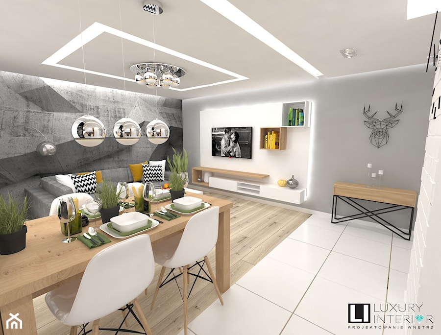 Mieszkanie 60 m2 Mińsk Mazowiecki - Mały biały szary salon z jadalnią, styl skandynawski - zdjęcie od LUXURY INTERIOR