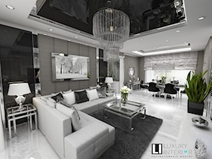 Salon z narożnikiem - Duży biały szary salon z jadalnią, styl glamour - zdjęcie od LUXURY INTERIOR