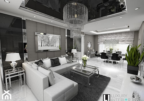 Salon z narożnikiem - Duży biały szary salon z jadalnią, styl glamour - zdjęcie od LUXURY INTERIOR