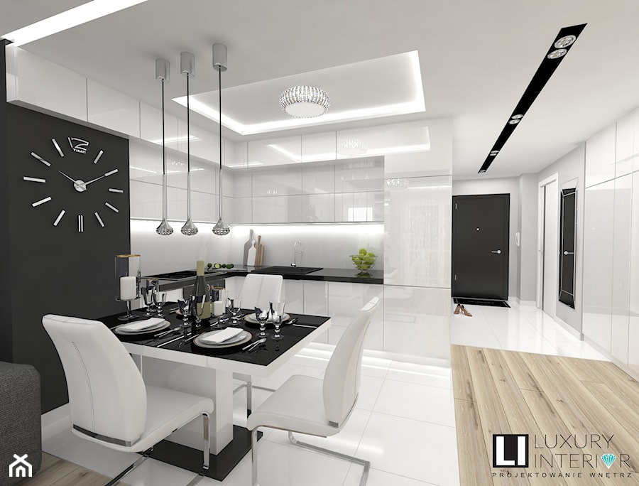 Mieszkanie 63 m2 - Średnia z salonem biała czarna z zabudowaną lodówką z podblatowym zlewozmywakiem kuchnia w kształcie litery l, styl glamour - zdjęcie od LUXURY INTERIOR