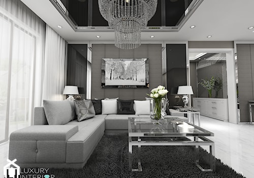 Salon z narożnikiem - Duży biały czarny szary salon z tarasem / balkonem, styl glamour - zdjęcie od LUXURY INTERIOR